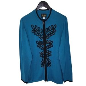 Bob Mackie Size XL Teal Blue Soutache Embroidered Full Zip Cardigan Wearable Art